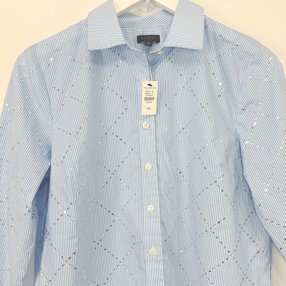 Talbots Light Blue White Stripe Silver Sparkle Diamond Pattern Button Up Shirt - Picture 8 of 16